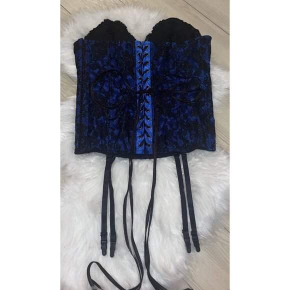 Fredericks of Hollywood Lace Garter Burlesque Corset Side Close 38 Blue Black - Picture 3 of 5